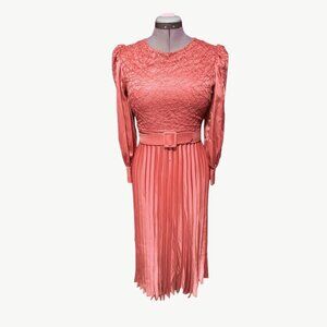 SEBRA Jeweled Pleated Long Sleeve Gown in Burnt Coral Pink